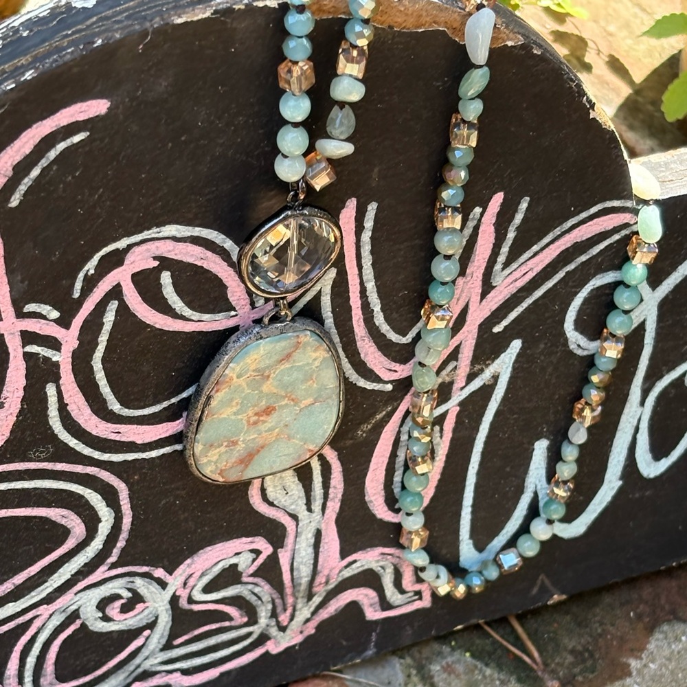 - NWT Turquoise and smokey light clear beads Beaded Necklace with Pendant